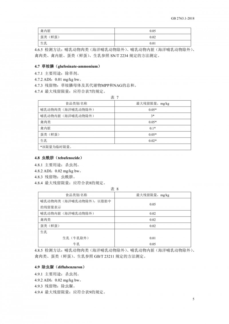 GB 2763.1-2018《食品安全国家标准食品中百草枯等43种农药最大残留限量?008