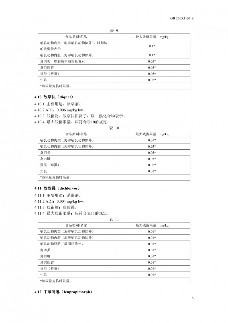 GB 2763.1-2018《食品安全国家标准食品中百草枯等43种农药最大残留限量?009