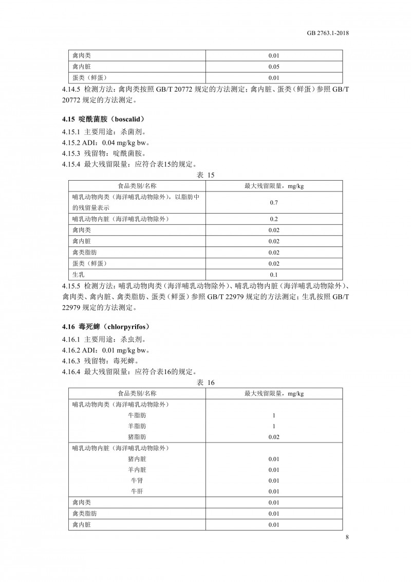 GB 2763.1-2018《食品安全国家标准食品中百草枯等43种农药最大残留限量?011